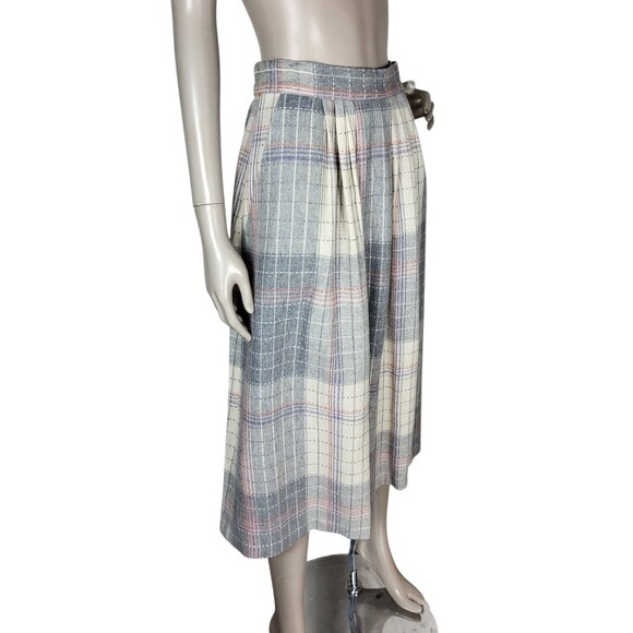 VTG 70s Wool Blend Grey Pink Plaid Tweed Midi Secretary Academia Librarian Skirt - Picture 5 of 8